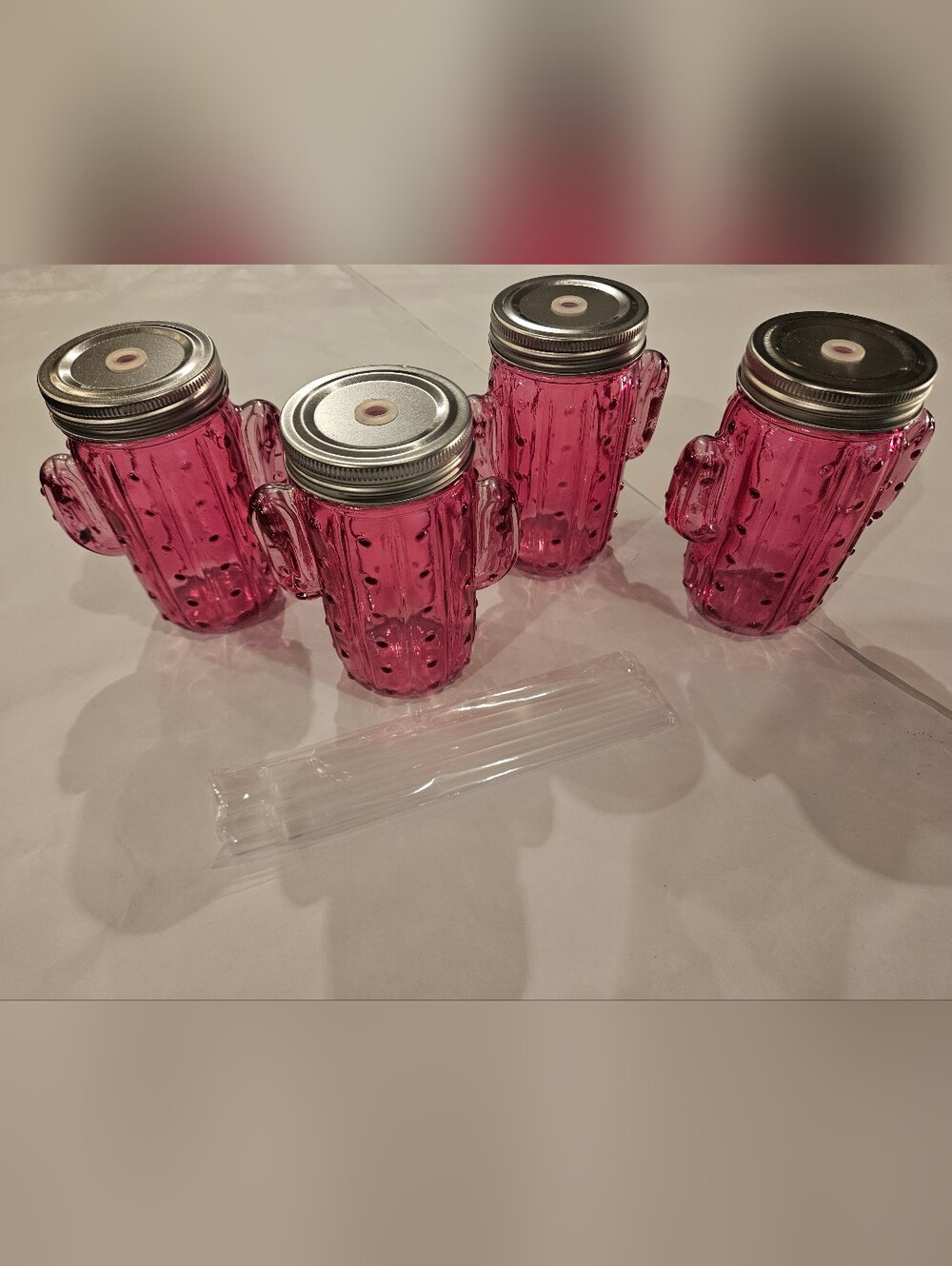 Pink Cactus Glass Cups With Screw Top And Straw-Set of 4